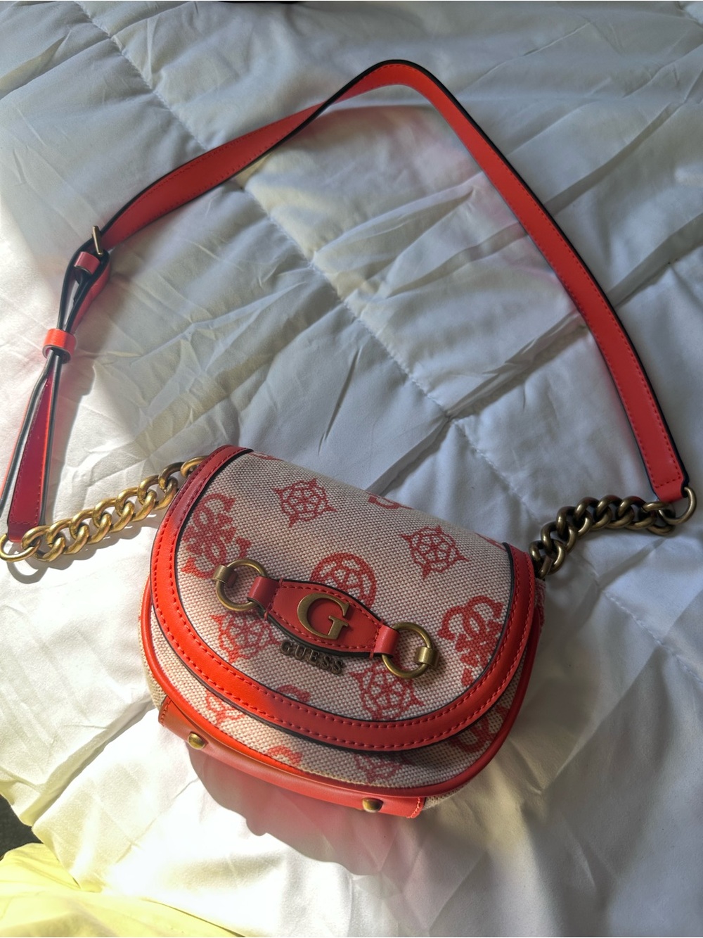 Guess Coral and Cream Logo Canvas Crossbody Bag